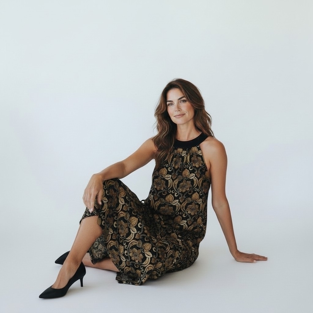 Ricki’s Black Gold Baroque Midi Dress XL Flowy Sleeveless Dark Moody Florals